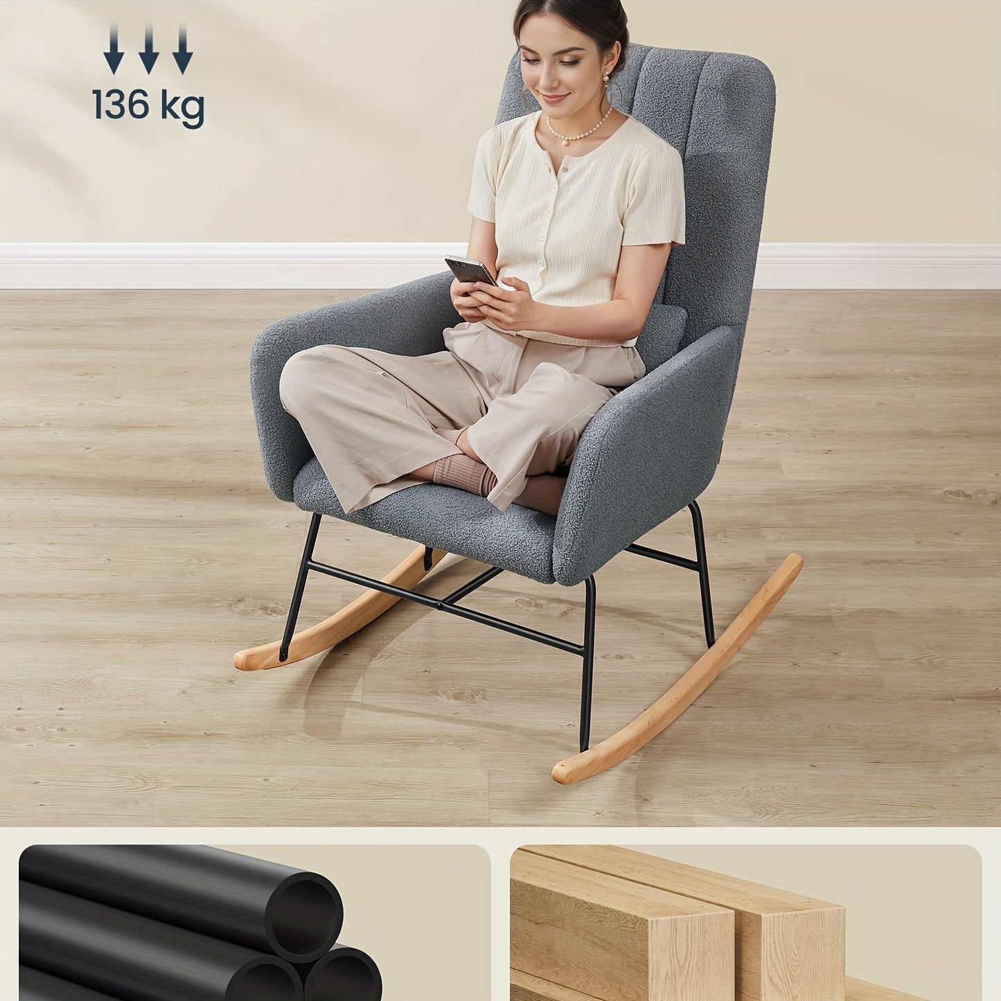 Schommelstoel – Relaxstoel – Fauteuil – Loungestoel – Zitzak – Met Armleuningen – Fleece Bekleding – Stalen Frame Met Rubberen Houten Poten – Max. Draagkracht 160 kg