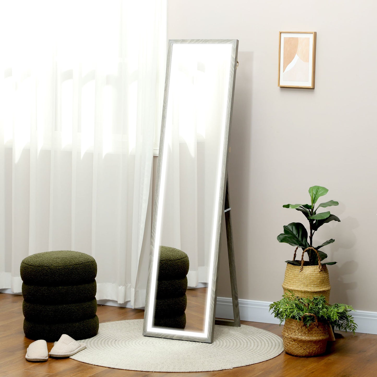 LED Volledige Lengte Spiegel – Led Spiegel – Staande Spiegel – Wandspiegel – Make-up Spiegel – Grijs Frame – 40 x 160 cm – Dimbare Touchbediening Met 3 Lichtkleuren