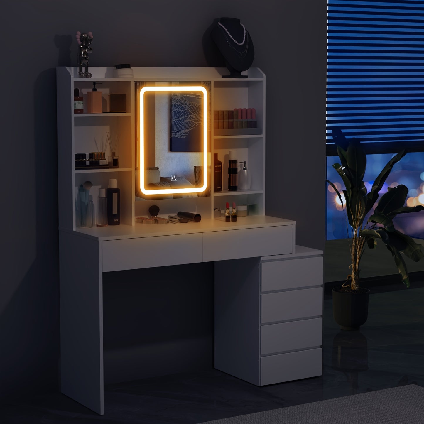 Vanity Desk – Make-up Tafel – Kaptafel – Schminktisch – Dressing Table – Verlichte Spiegel Met 3 Lichtstanden – 6 Laden Met 3 Opbergshelves – Wit – Gehard Glas