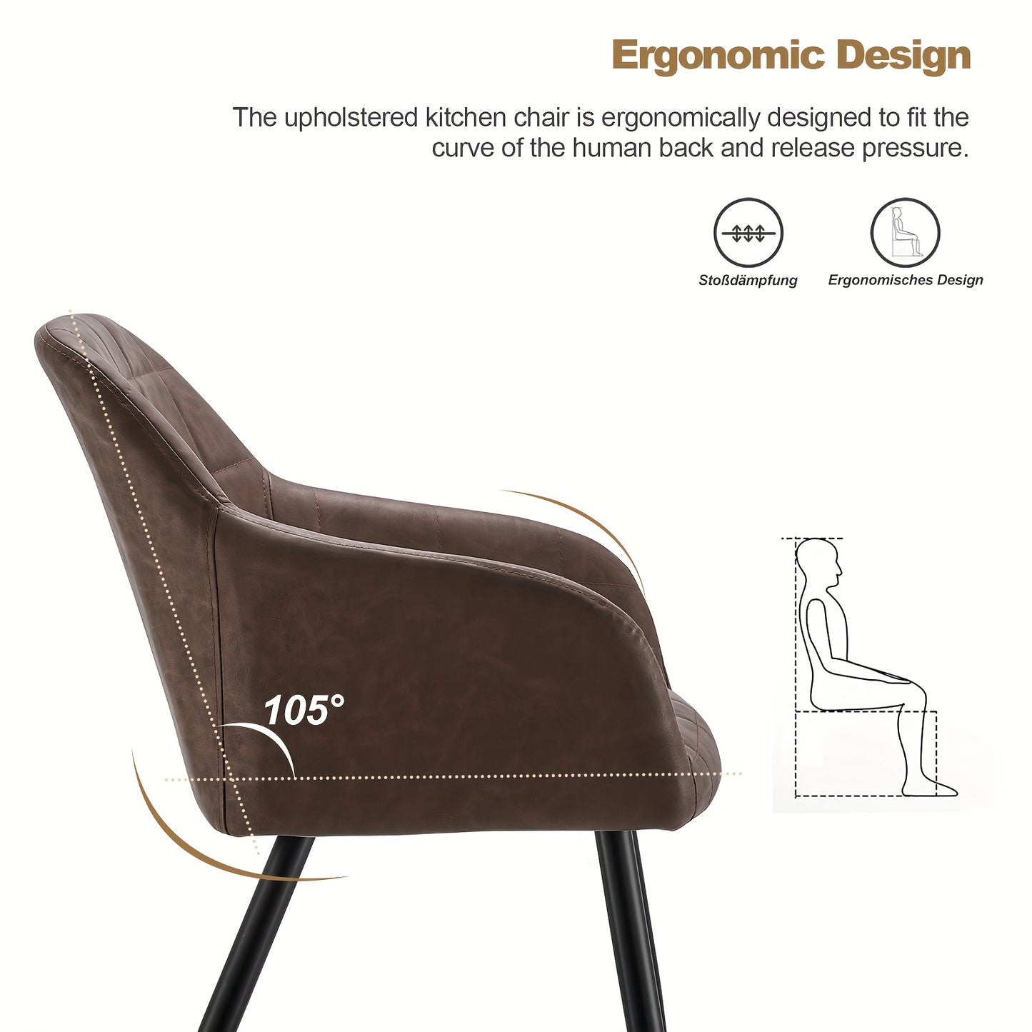 Eetkamerstoelen – Stoel Met Armleuning – Accentstoel – Kunstleren Stoel – Woonkamerstoel – Set Van 2 – Bruin – Memory Foam Zitting – Metalen Poten