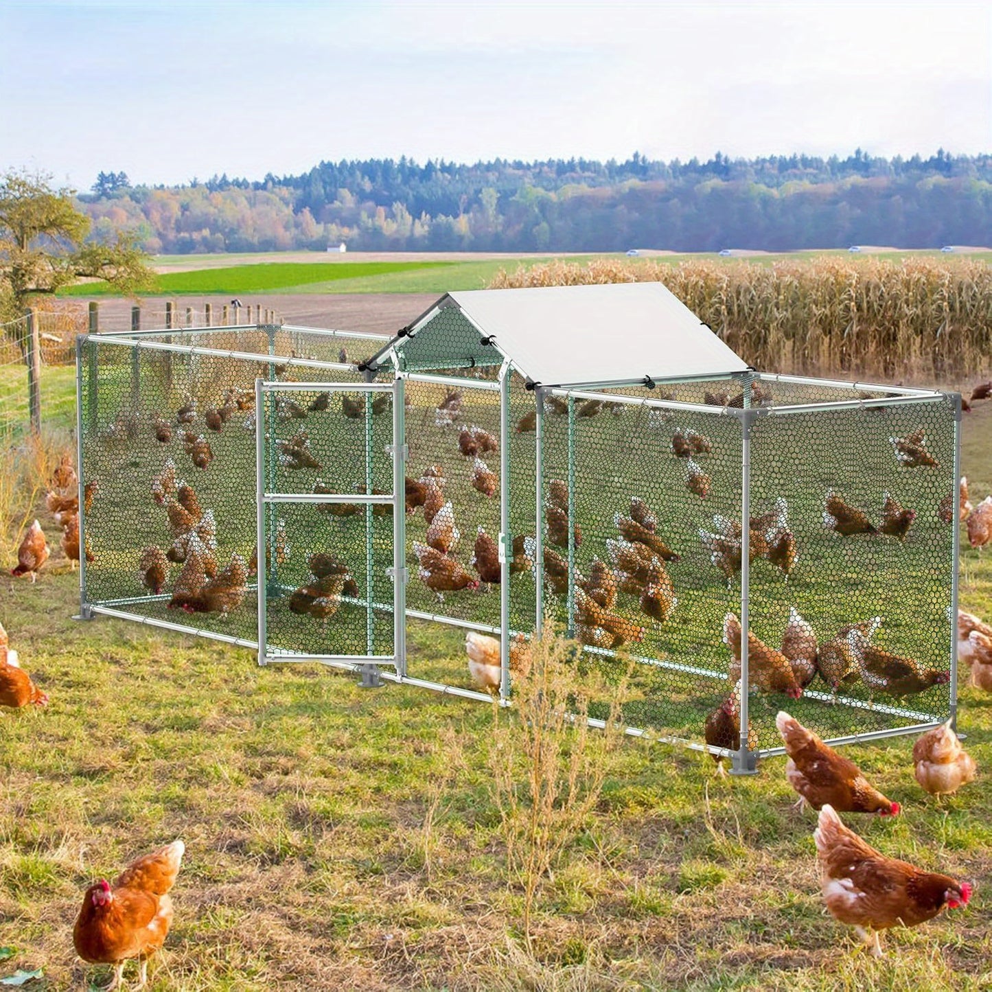 LZQ 4x1m/5x1m Metal Chicken Coop with Sunshade, Door & Latch - Sturdy Rust-Resistant Iron Frame, Half-Enclosure Design for Garden Birds, Ducks, Small Animals - No Electricity Needed, Chicken Coop Accessories, Durable Construc