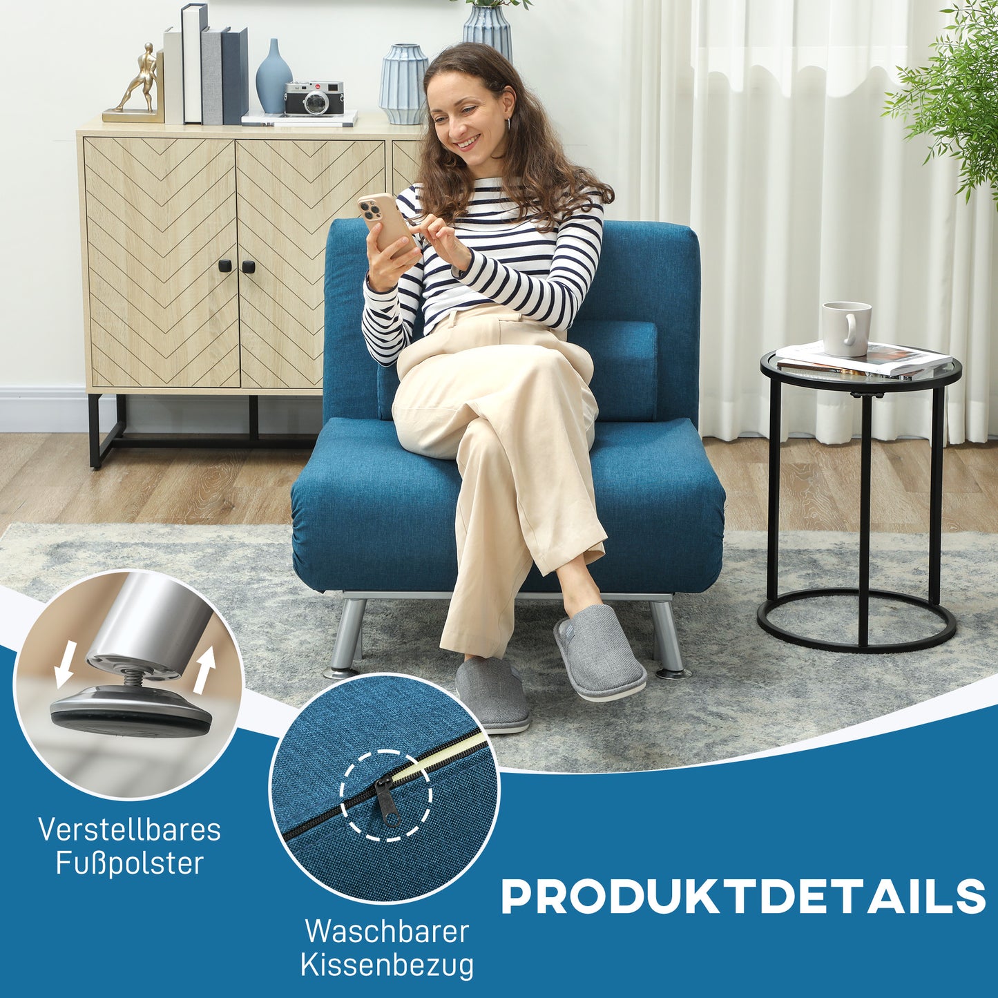 Stoelbed – Relaxstoel – Slaapstoel – Slaapfauteuil – Zitbank – Inklapbaar – Verstelbare Rugleuning – Linnen Look Blauw – 75x70x75 cm