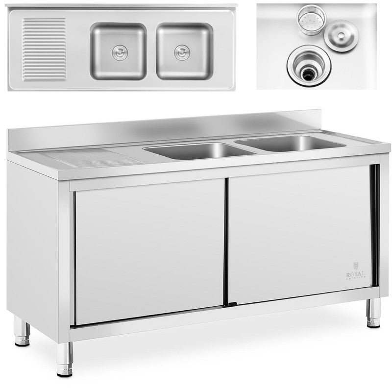 Dubbele Spoelbak – Keukenspoelbak – RVS Spoelbak – Gastronomische Spoelbak – Spoelunit Met Kast – Roestvrij Staal – 160x60x95 cm – Dubbele Bak 40x40 cm – Kast Met Schuifdeuren
