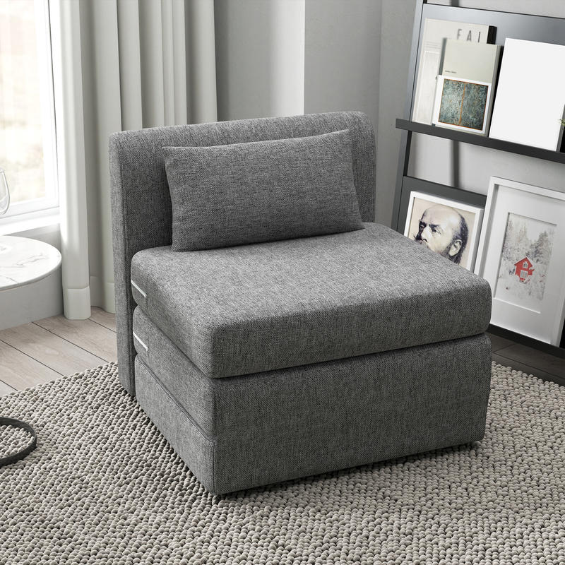 Slaapbank – Slaapbank Opklapbaar – Slaapbank 3-standen – Slaapbank Compact – Slaapbank Voor Gasten – Met Metaalframe & Hardhouten Constructie – Inklapbaar Matras & Stijlvolle Grijze Stoffering