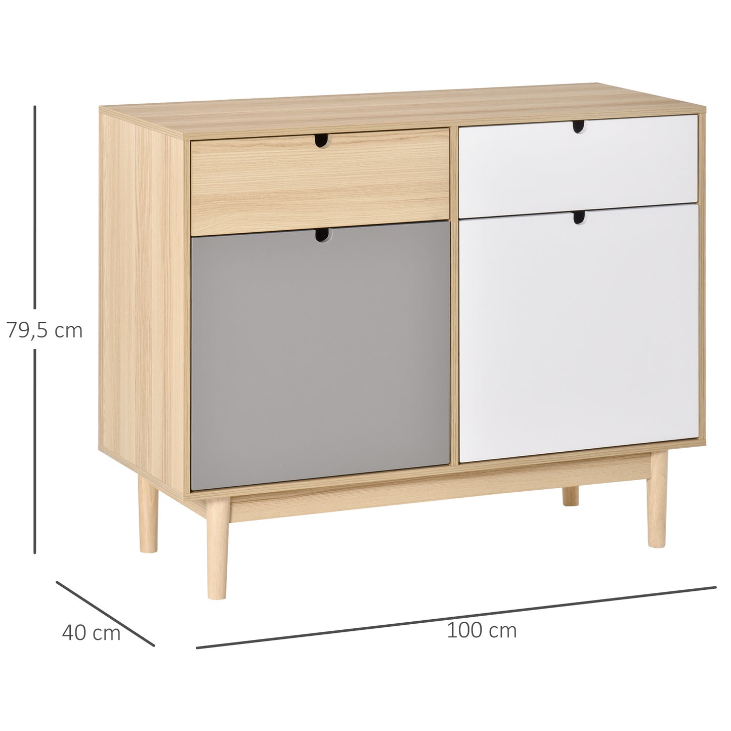 HOMCOM Scandinavian Style Kitchen Buffet, 2-Door Wardrobe with Sliding Drawers in Multicolor White Light Gray Wood