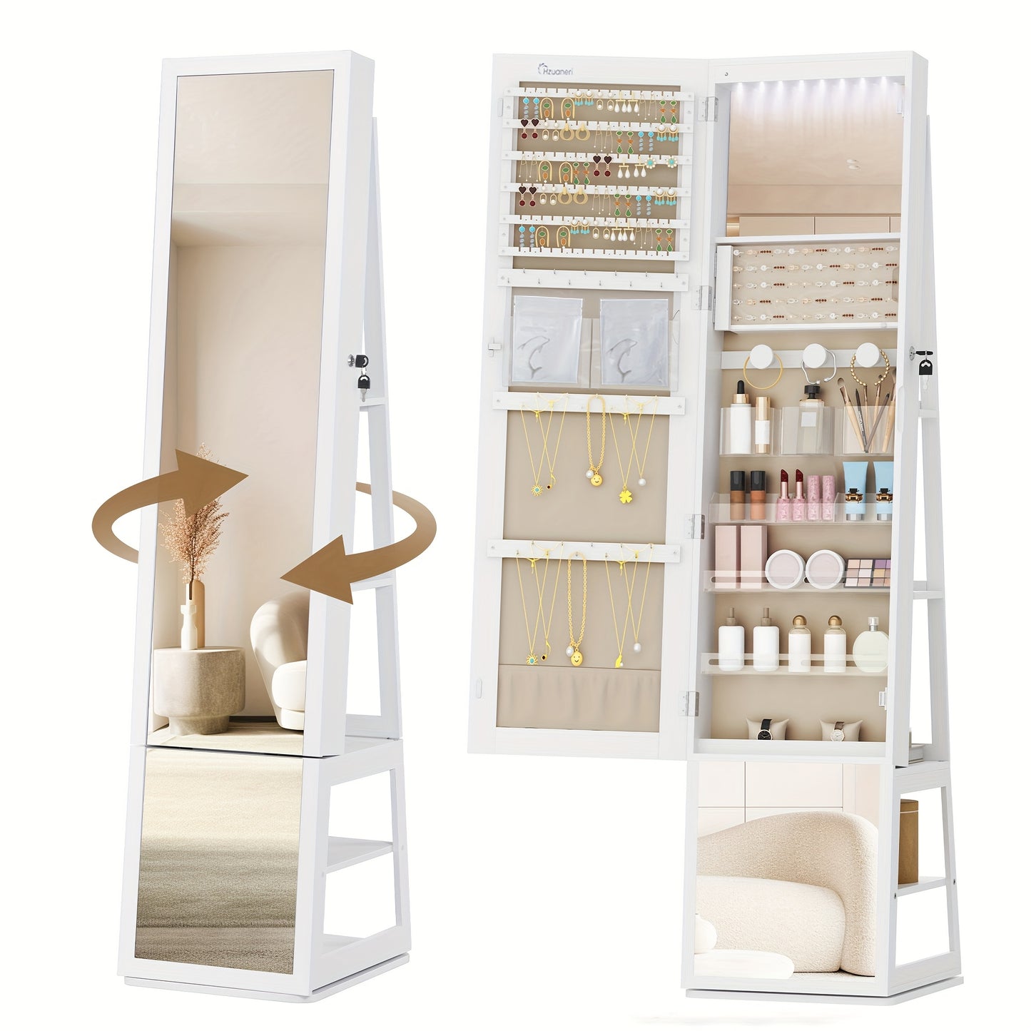 Sieradendoos – Sieradenkast – Juwelendoos – Sieradenopberger – Sieradenkastje – 360° Draaibare Spiegel – 4-laags Opbergruimte Met Slot – Wit Met Beige Bekleding