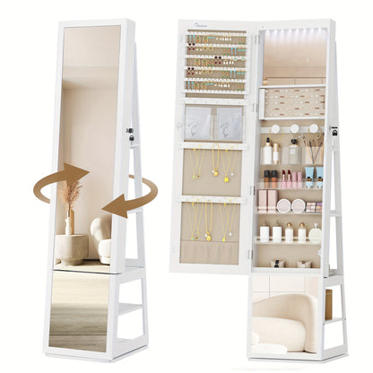 Sieradendoos – Sieradenkast – Juwelendoos – Sieradenopberger – Sieradenkastje – 360° Draaibare Spiegel – 4-laags Opbergruimte Met Slot – Wit Met Beige Bekleding