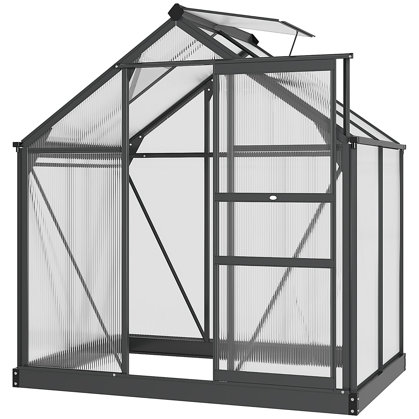 Polycarbonaat Kas – Tuinkas – Serre – Groentekas – Kweekkas – Aluminium Frame – Dubbelwandig Polycarbonaat – 2,51 m² – UV-Bestendig – Versterkte Basis – Schuifdeur – Goot – Grijs