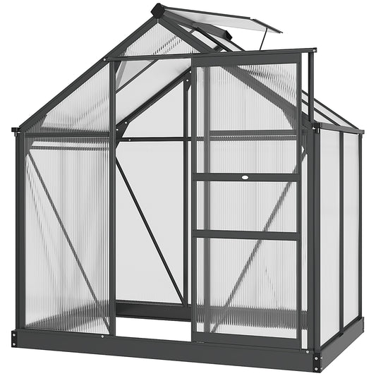 Polycarbonaat Kas – Tuinkas – Serre – Groentekas – Kweekkas – Aluminium Frame – Dubbelwandig Polycarbonaat – 2,51 m² – UV-Bestendig – Versterkte Basis – Schuifdeur – Goot – Grijs