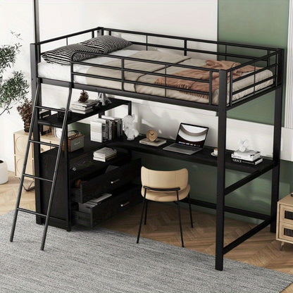 Hoogslaper Bed – Stapelbed – Studiebureau Bed – Ruimtebesparend Bed – Loft Bed Zwart – Stevig Metalen Frame – Ingebouwd L-Vormig Bureau