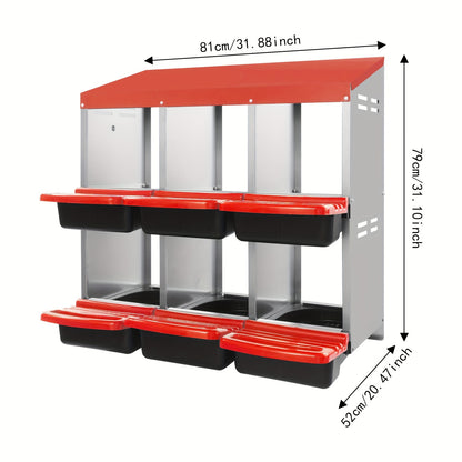 6-Compartment Heavy-Duty Plastic Chicken Nesting Box with Ventilation System & Egg Collection - Red Outdoor/Indoor Egg Laying Station, Easy-Clean Design, No Batteries/Electricity, Durable Weatherproof Construction for Backyar