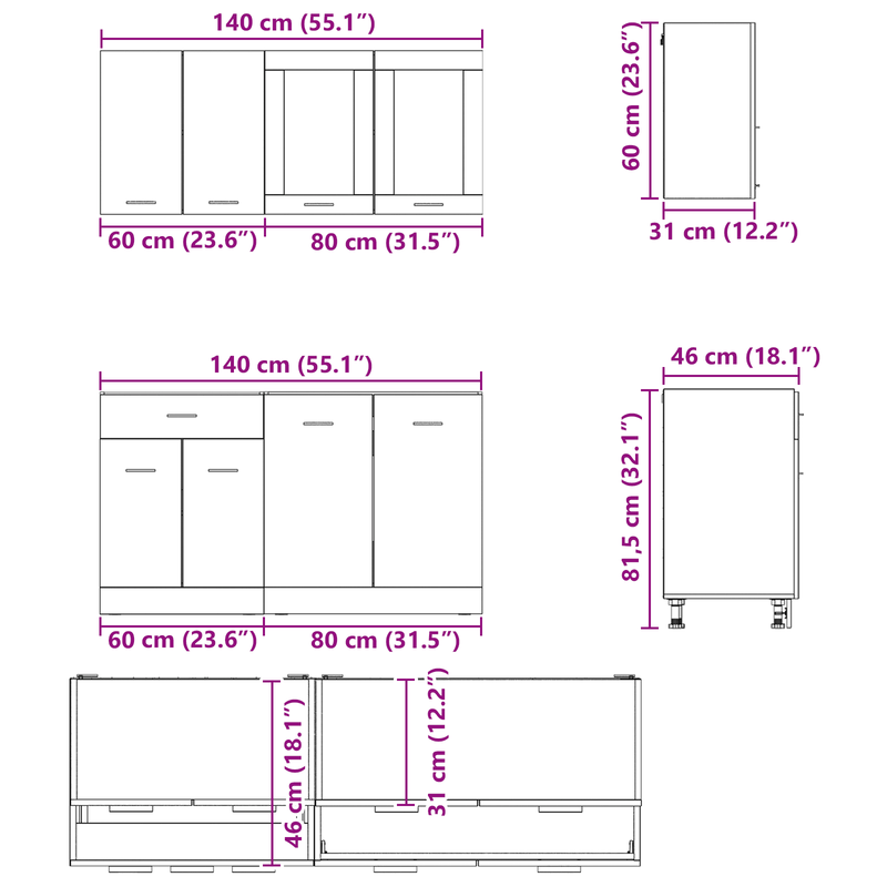 Keukenkast Set – Keukenkasten – Opbergkasten – Keukenmeubels – Keukenkastjes – 4-delig – Smoky Oak Bonded Hout – Duurzaam & Stijlvol