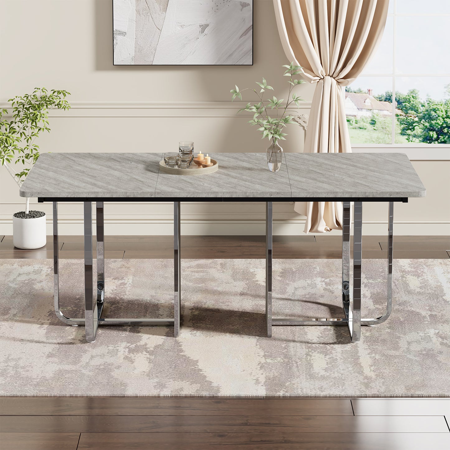 BTM Dining Table, 180cm x 80cm x 75cm, Modern Dining Table, Sturdy Dining Table, Metal Legs, Large Dining Table, Rectangular Dining Table, Dining Table for 6 People, Modern Simple Dining Table, Gray + Silver