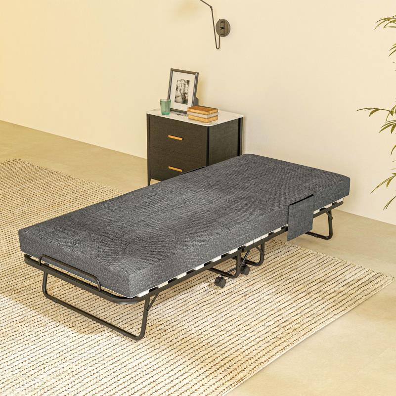 Opklapbed – Vouwbed – Logeerbed – Slaapbank – Bedbank – Donkergrijs – Met Zijvak – 10 cm Dik Matras – Ruimtebesparend Design