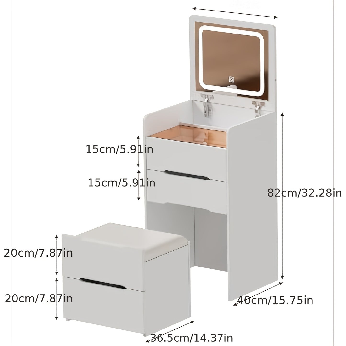 Make-up Tafel – Schminktafel – Kaptafel – Visagie Tafel – Make-up Bureau – Compact 3-in-1 Ontwerp – Inklapbare Spiegel – Wit Hout
