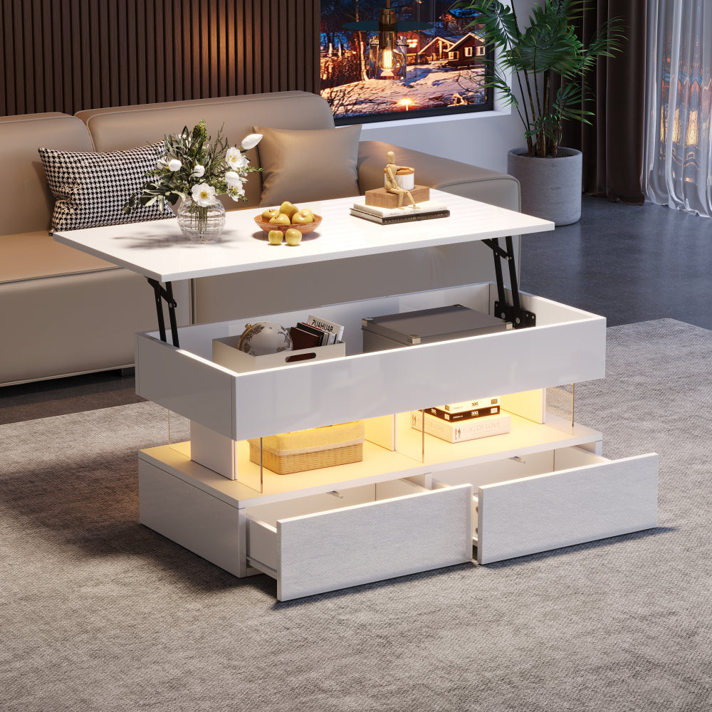 Salontafel – Koffietafel – Tafel – Woonkamertafel – Bijzettafel – Verstelbare Hoogte – Uitschuifbare Opbergruimte – Glanzend Wit – Lift-Top Mechanisme
