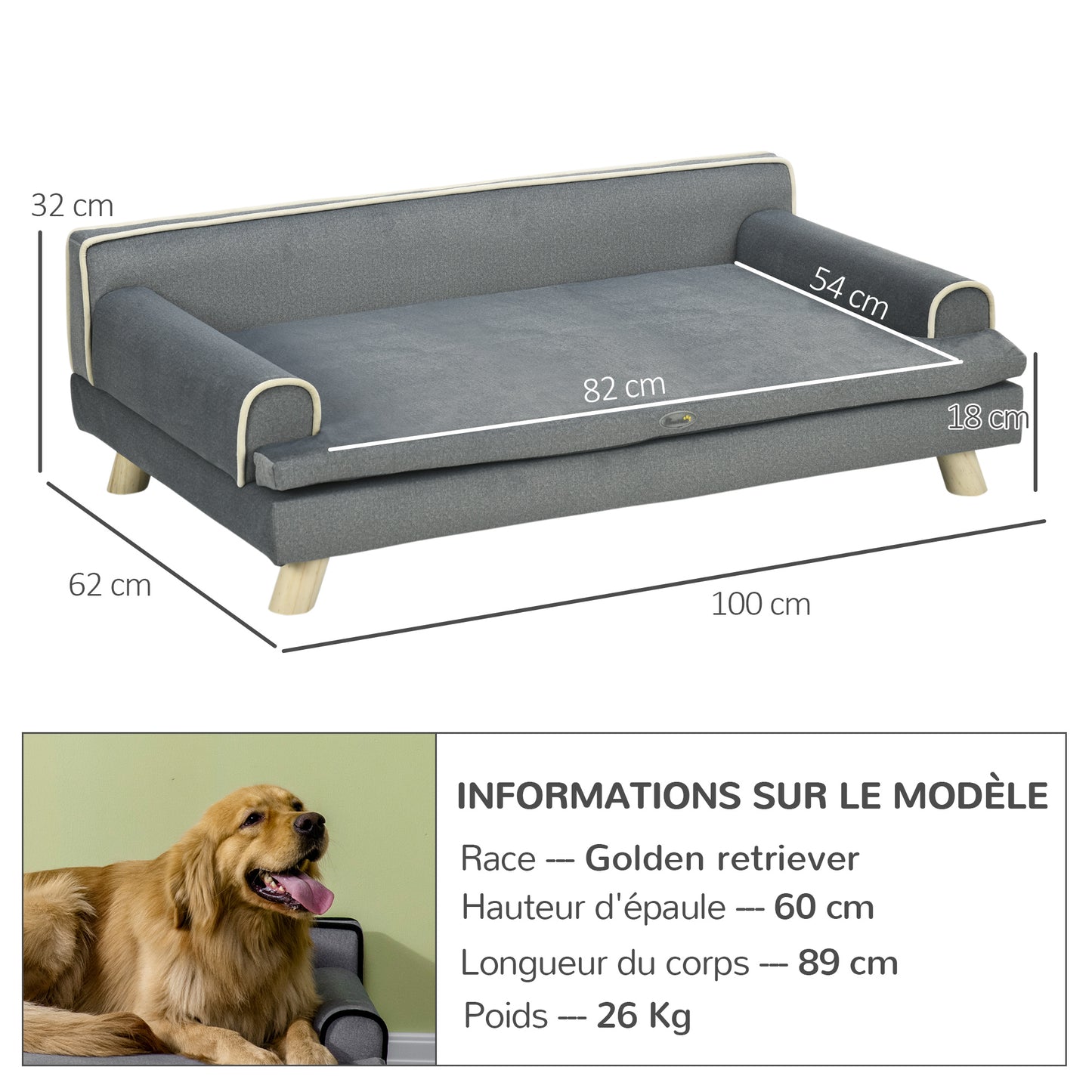 Huisdier Sofa – Dierenbank – Kattenbed – Hondenbank – Pet Bed – Scandinavisch Design – Afneembaar Kussen – Massief Houten Poten – Grijs – 100 x 62 x 32 cm