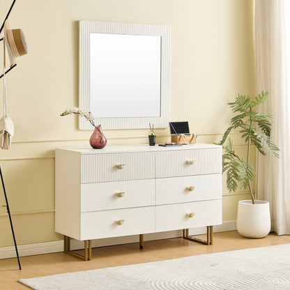 Sideboard – Dressoir – Commode – Opbergmeubel – Wandmeubel – Wit – 6 Lades – Gouden Handgrepen – Metalen Poten – Geribbelde Fronten – Spiegel 80x80 cm