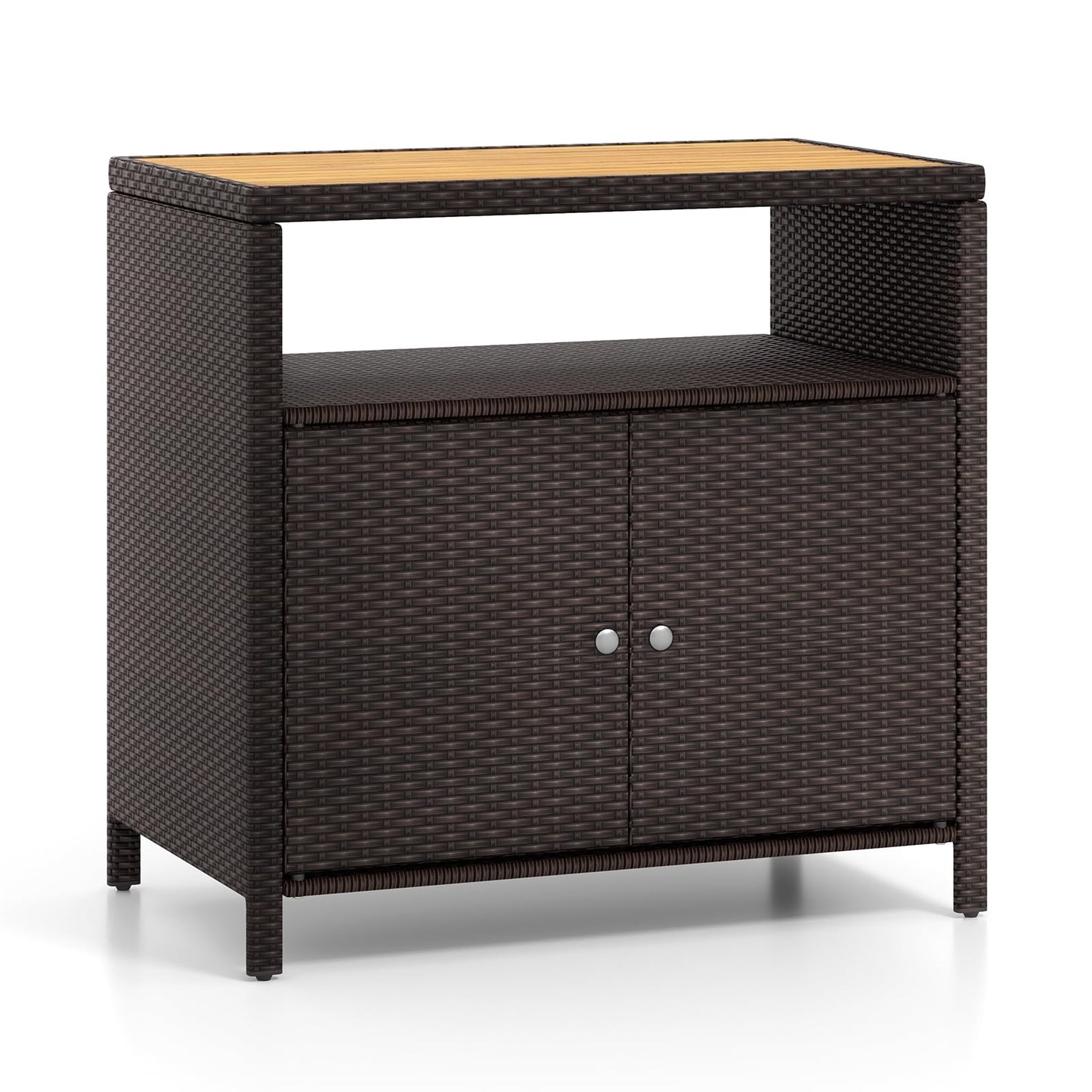 Tuinkast Rattan Opbergkast Bergkast Buitenopberger Terraskast – Bruin – Acaciahouten Werkblad – Verstelbare Voetjes – 90x53x86 cm