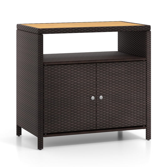 Tuinkast Rattan Opbergkast Bergkast Buitenopberger Terraskast – Bruin – Acaciahouten Werkblad – Verstelbare Voetjes – 90x53x86 cm