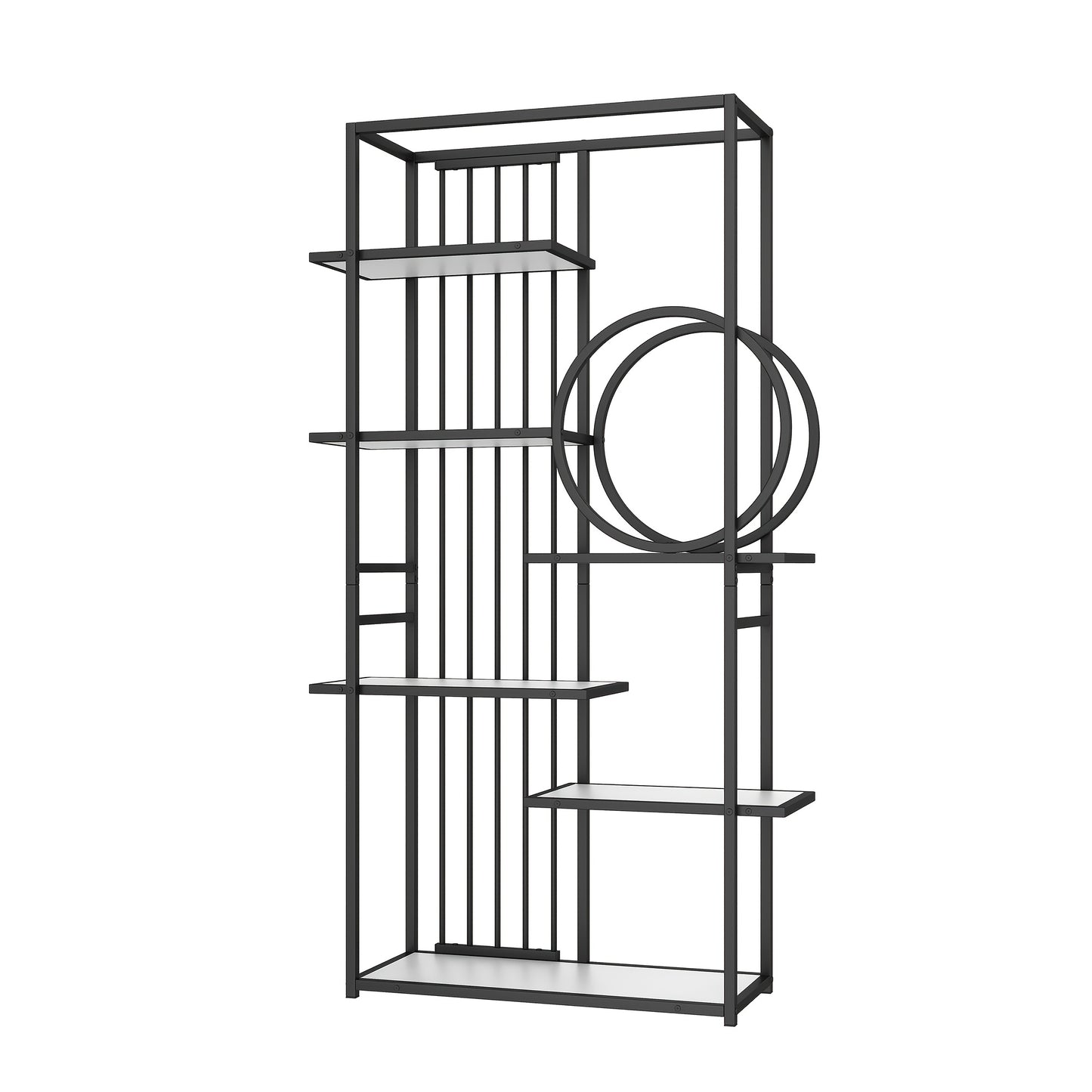 Modern Style Metal Rack, Solid Steel Tube, Geometric Structure, Multi-level Design, Round Decoration, Suitable for Interior Decoration, White + Black