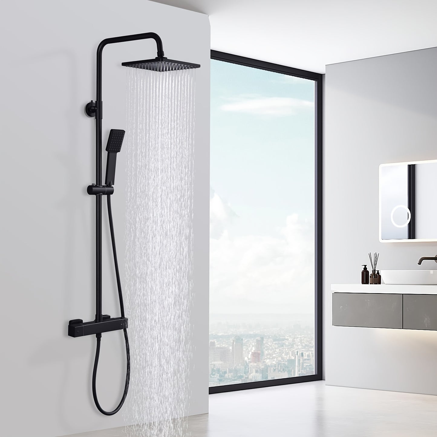 Regendouche – Doucheset – Douche Systeem – Douchekop – Thermostaatkraan – Mat Zwart – RVS Regendouche 22x22 cm – Thermostatische Veiligheid 38°C