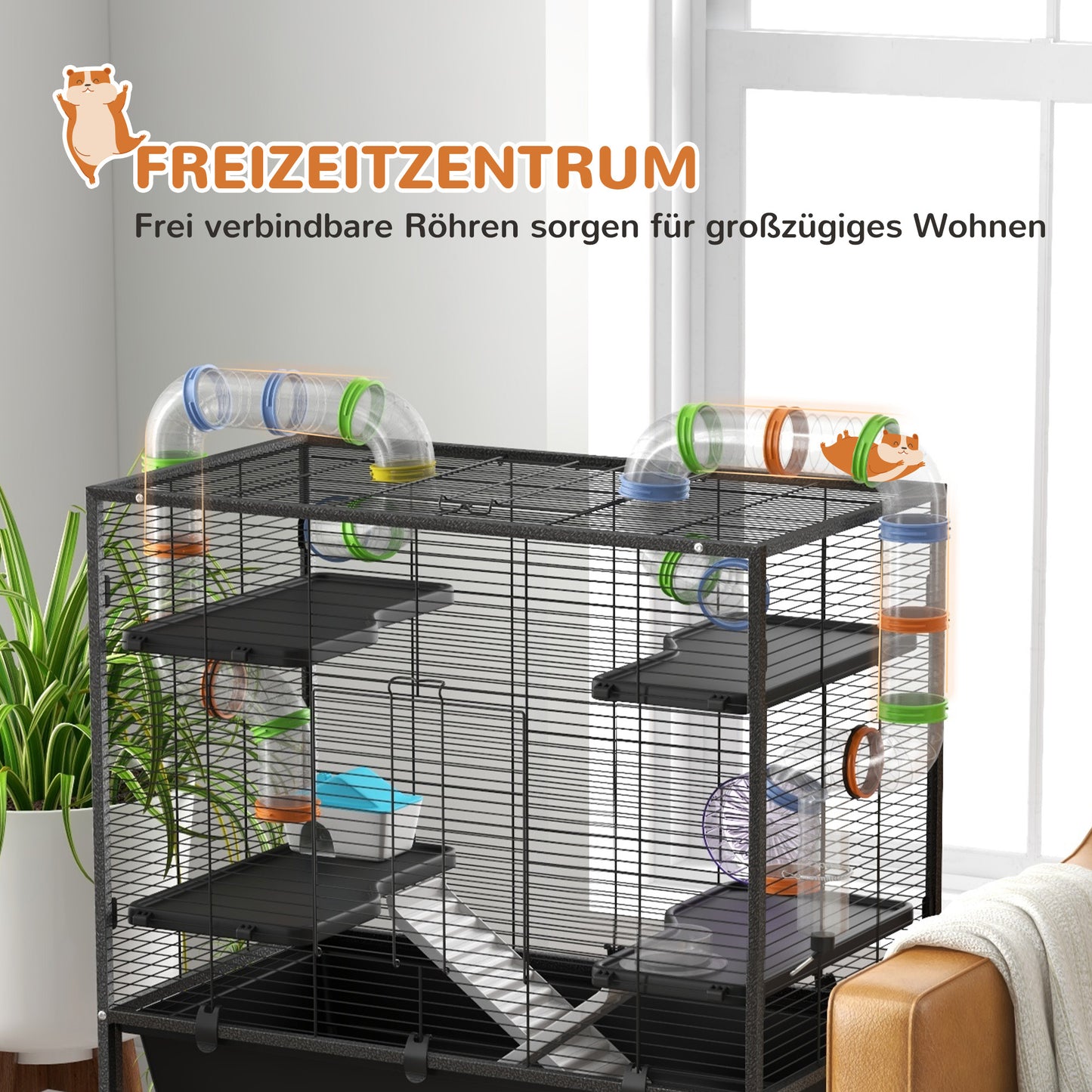 Hamsterkooi – Knaagdierkooi – Gerbilkooi – Knaagdierverblijf – Hamsterkooi Met Buizen – Ruime Leefruimte 109x82x46 cm – Inclusief Looprad & Drinkfles