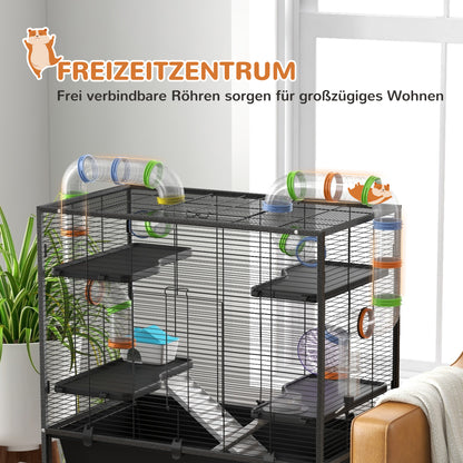 Hamsterkooi – Knaagdierkooi – Gerbilkooi – Knaagdierverblijf – Hamsterkooi Met Buizen – Ruime Leefruimte 109x82x46 cm – Inclusief Looprad & Drinkfles