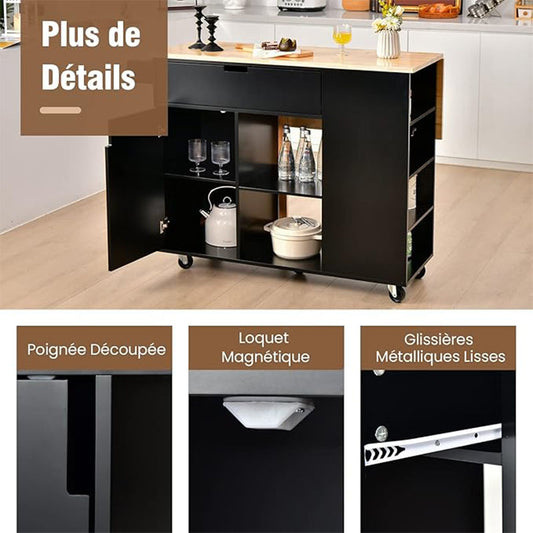 Keukentrolley op Wielen – Keukenwagen – Keukenkar – Keukenmeubel – Werkwagen – Houten Frame – Uitklapbaar Werkblad – Veel Opbergruimte – Kruidenrek – Handdoekrek