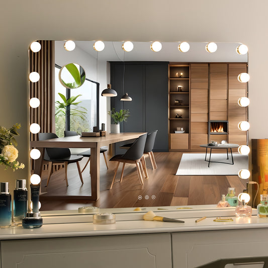 Hollywood make-up spiegel – Make-up spiegel – Verlicht spiegel – Led spiegel – Tafellamp spiegel – 80 x 60 cm – 20 LED lampjes met dimfunctie – USB oplaadbaar – Wit design