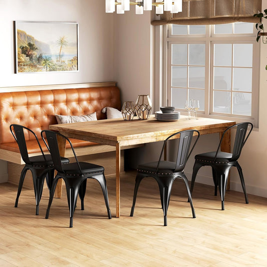 Metal Eetkamer Stoelen – Stapelbare Keuken Stoelen – Café Stoelen – Restaurant Stoelen – Zwarte Metalen Bistro Stoelen – PU Leren Kussens – Verwijderbare Rugleuning – 330 kg Draagkracht – 18,5 Inch Zithoogte