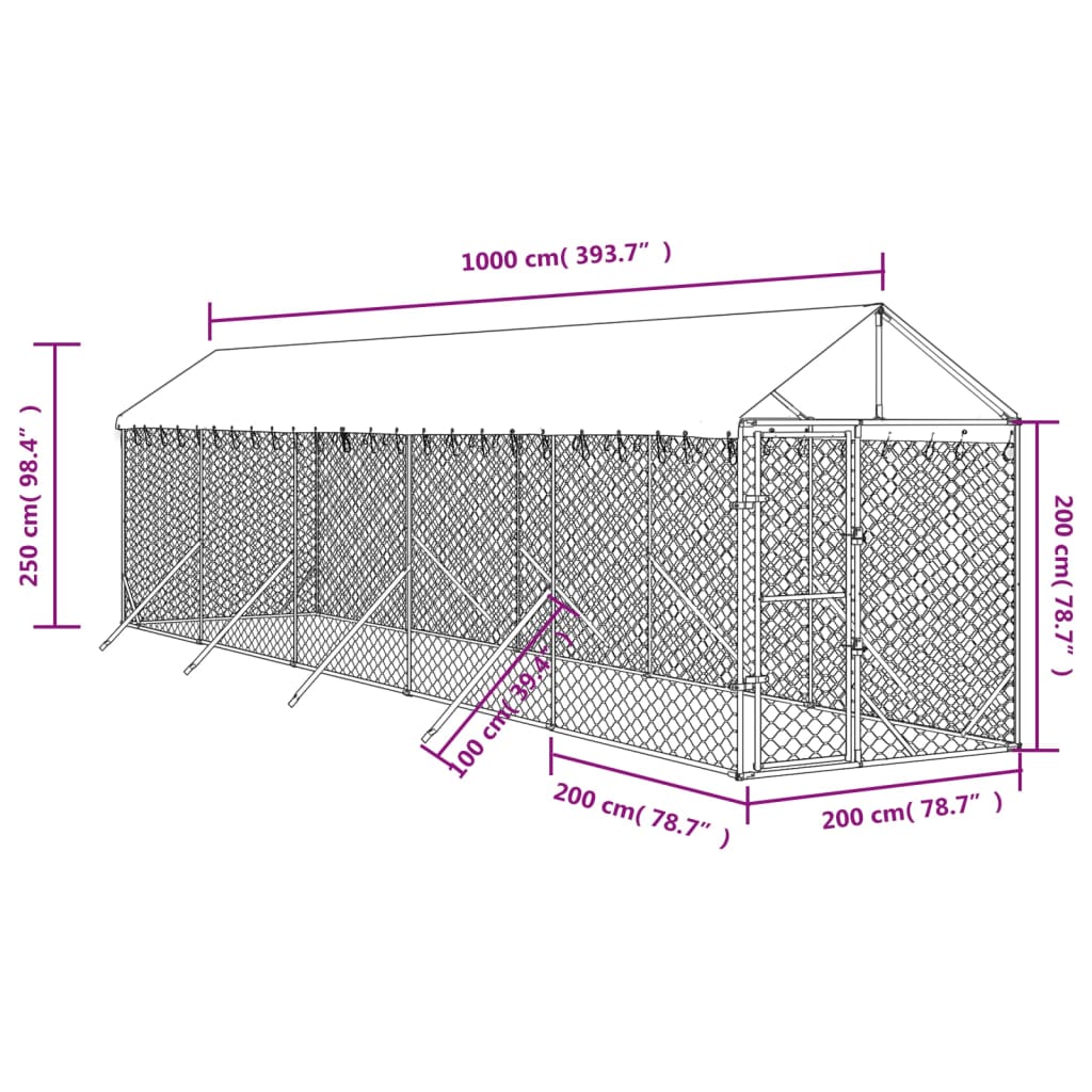 Buitenren Hondenren Dierenren Hondenhok Kippenren – 2x10x2,5 Meter – Gegalvaniseerd Staal & Waterdicht Dak