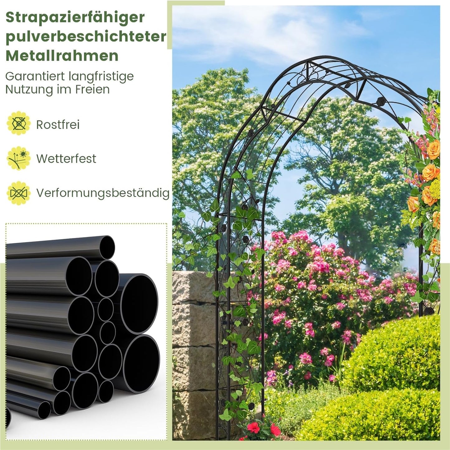 Rozenboog – Tuinboog – Klimboog – Plantenboog – Klimsteun – Zwart Metaal – 150 x 40,5 x 251,5 cm – Twee Halve Bogen