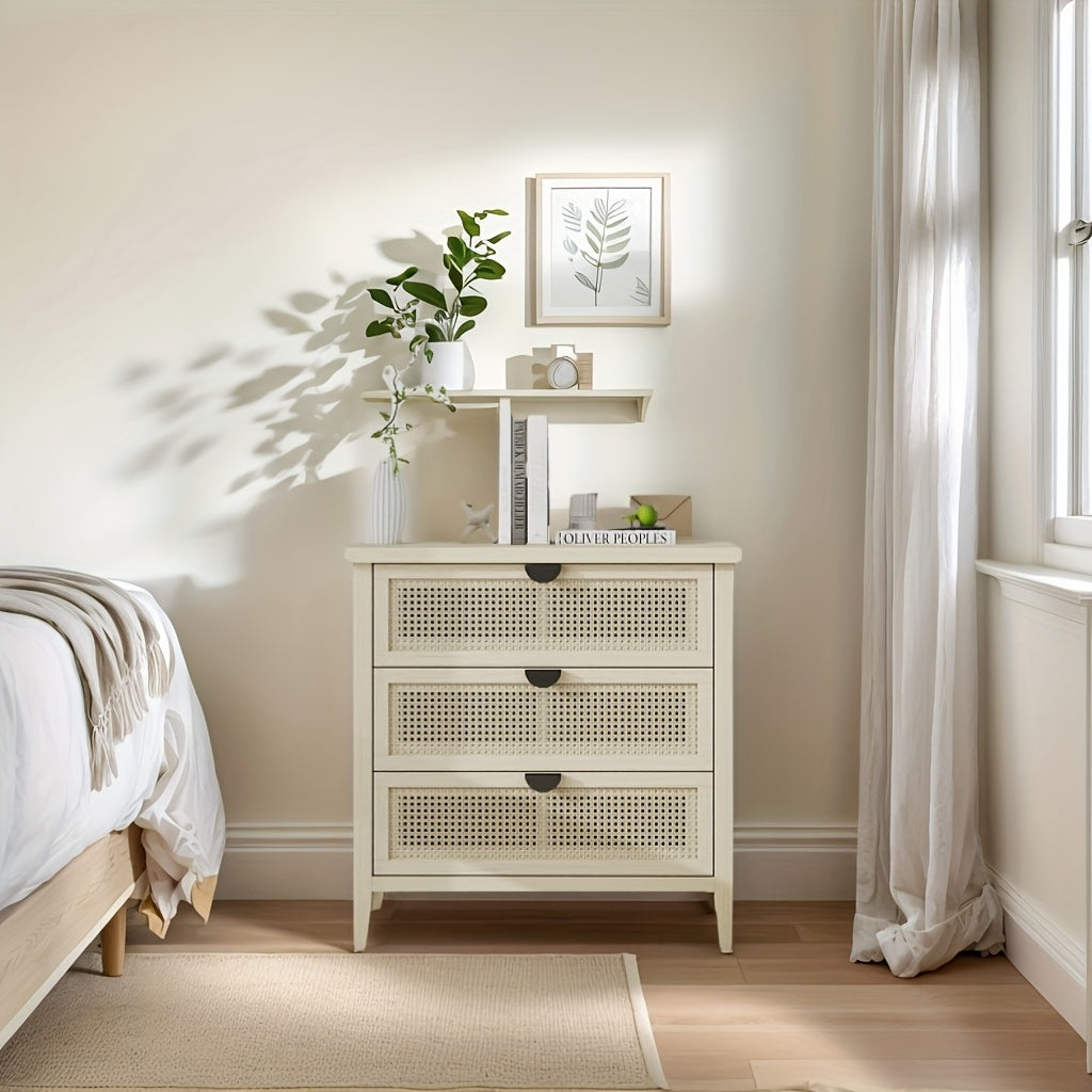 Nachtkastje – Bijzettafel – Wandkast – Ladekast – Slaapkamerkast – Massief Hout – 3 Lades Geperforeerd – 69 cm Hoog – 90 Liter Opbergruimte – Vrijstaand