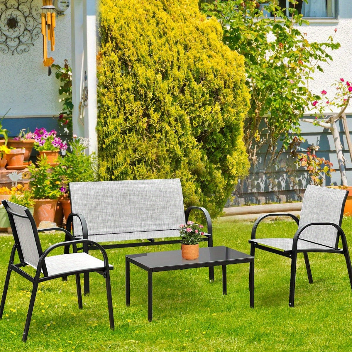 Tuinmeubelen – Loungeset – Zitgroep – Balkonset – Loungeset Balkon – Weerbestendig Stalen Frame – Ademend Waterafstotend Stof – Inclusief Glazen Koffietafel