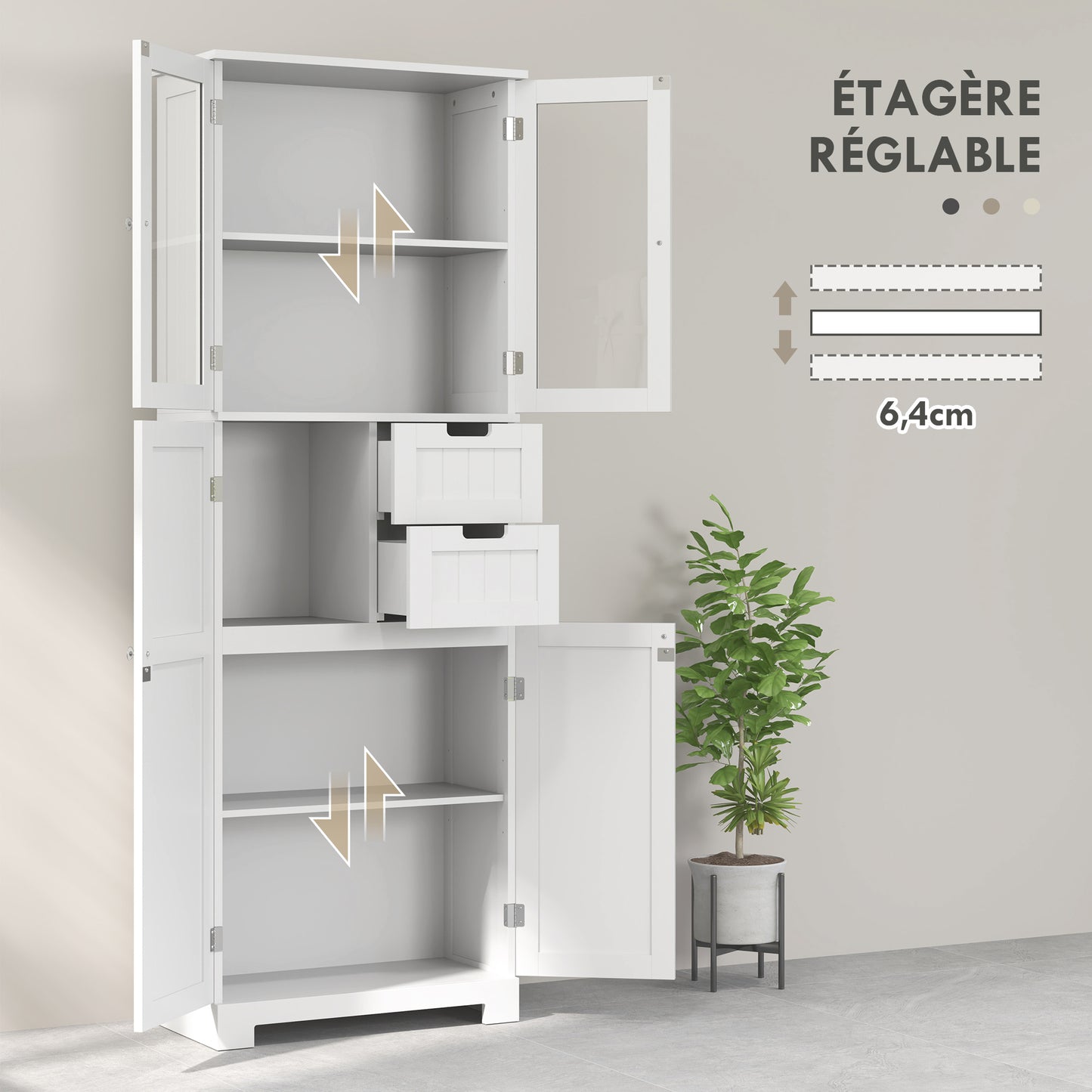 Badkamerkast – Badkamerkolom – Opbergkast – Bergkast – Kast Met Glazen Deuren – Wit – 60x30x170 cm – Verstelbare Planken – Inclusief Lades