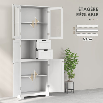 Badkamerkast – Badkamerkolom – Opbergkast – Bergkast – Kast Met Glazen Deuren – Wit – 60x30x170 cm – Verstelbare Planken – Inclusief Lades