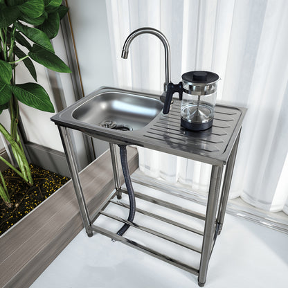 Stainless Steel Standalone Sink with Worktop, Kitchen Sink with Hot And Cold Water Taps And Drainage Kit, Outdoor Portable Sink with Adjustable Feet, Suitable for Camping, Garden, Bathroom, Garage, Single-Basin Kitchen Sink,