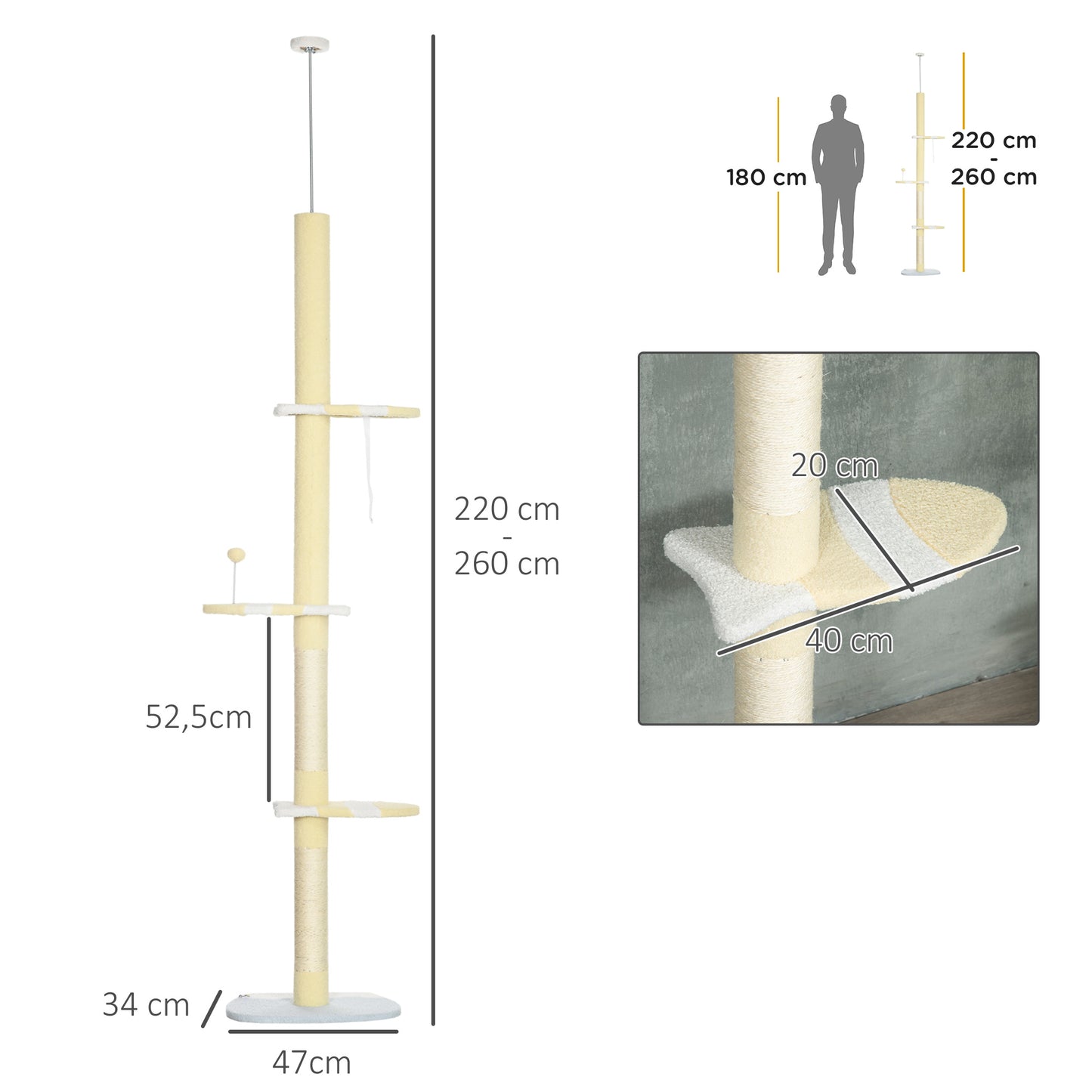 Krabpaal – Krabmeubel – Kattentoren – Klimelement – Speelpaal – Verstelbare hoogte 220-260 cm – Antislip basis – Sisal touw – Geel variant