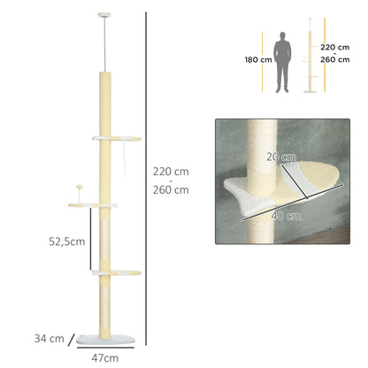 Krabpaal – Krabmeubel – Kattentoren – Klimelement – Speelpaal – Verstelbare hoogte 220-260 cm – Antislip basis – Sisal touw – Geel variant