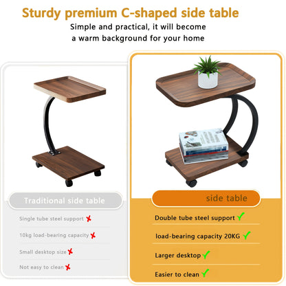 Bijzettafel – Sofa Tafel – Banktafeltje – Nachtkastje – Zijtafel – Vintage Design – Hout & Metaal – Wieltjes – Dubbel Plank – Walnoot – Geen Elektriciteit