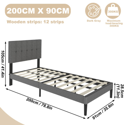 Linen Upholstered Bed Frame with Headboard and Slatted Metal Platform - Ideal Mattress Foundation in Dark Grey/Light Grey, Bedroom Furniture, Minimalist Bedroom, Classic Design, Easy Assembly, Modern Homeowners