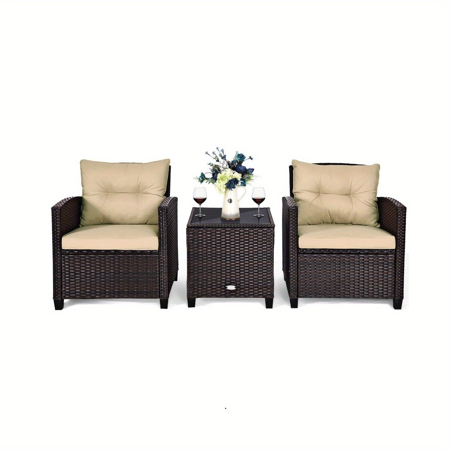 3-delige Rattan Tuinset – Buitenmeubelset – Patio Hoekbank – Balkonmeubilair – Rattan Loungeset – Weerbestendig – Wit Met Kussens