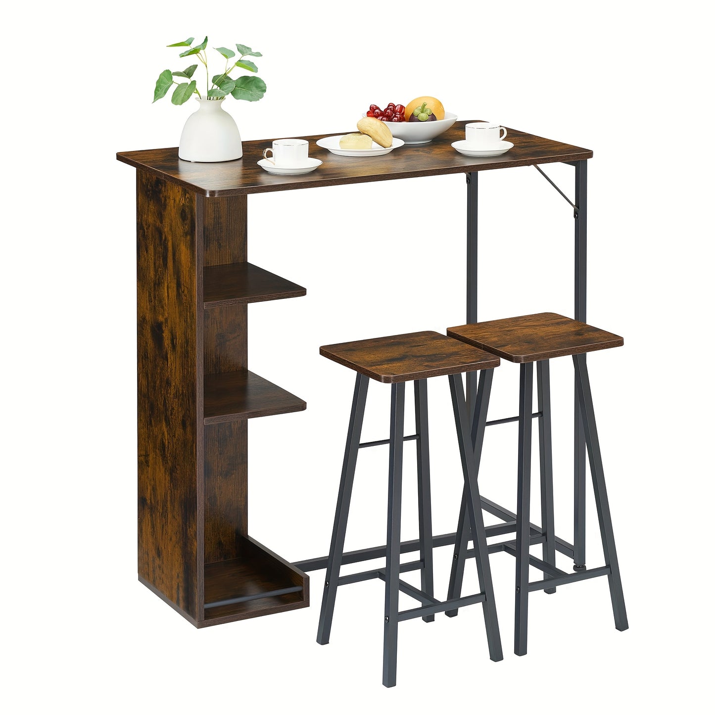 3-delige Barset – Barkrukset – Bistroset – Keukentafelset – Eettafelset – Compact Design – MDF Metalen Frame – Bruin