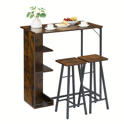 3-delige Barset – Barkrukset – Bistroset – Keukentafelset – Eettafelset – Compact Design – MDF Metalen Frame – Bruin