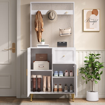 Compacte Kledingkast – Halmeubel – Opbergkast – Schoenenkast – Kapstok – Wit Met Gouden Accenten – Softclose Deuren – Verstelbare Planken