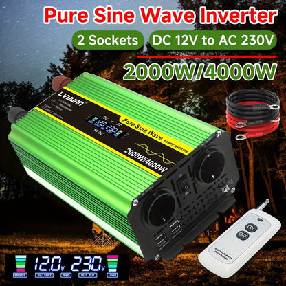 Omvormer – Spanningsomvormer – Stroomomvormer – Inverter – Converter – 2000W Zuivere Sinusgolf – 2x Stopcontacten & 4x USB Poorten