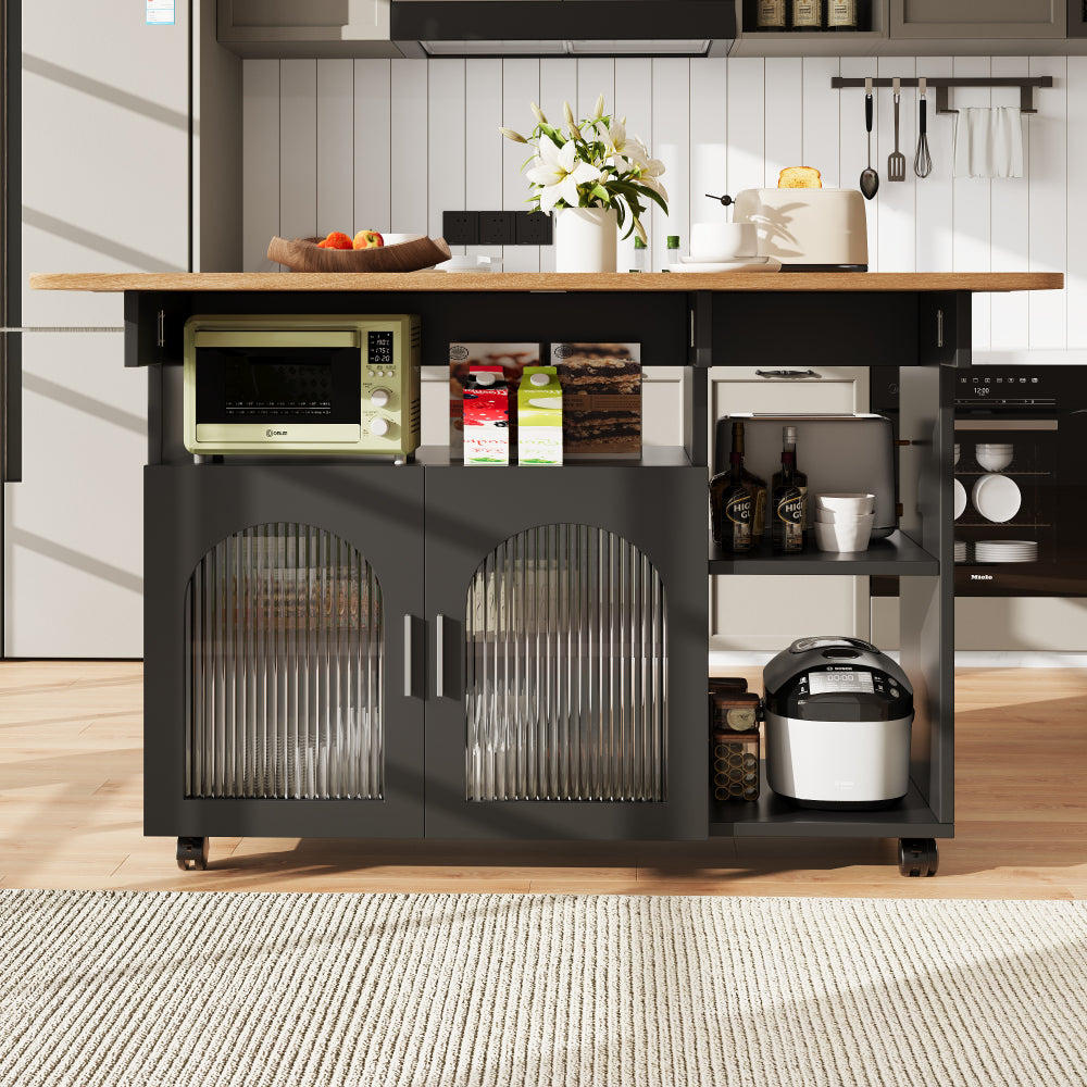 Modern Black Kitchen Island with Demountable Trolley - Heavy-Duty Metal Frame, White/Black Countertop, Multifunctional Mobile Cart, & Dining Table, Space-Saving Design for Small Kitchens, Easy Assembly (No Wood)