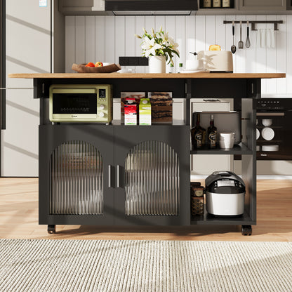Modern Black Kitchen Island with Demountable Trolley - Heavy-Duty Metal Frame, White/Black Countertop, Multifunctional Mobile Cart, & Dining Table, Space-Saving Design for Small Kitchens, Easy Assembly (No Wood)