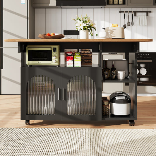 Modern Black Kitchen Island with Demountable Trolley - Heavy-Duty Metal Frame, White/Black Countertop, Multifunctional Mobile Cart, & Dining Table, Space-Saving Design for Small Kitchens, Easy Assembly (No Wood)